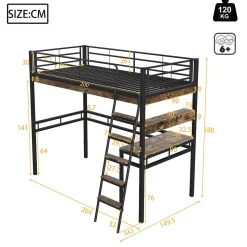 Lit Mezzanine 90x200 cm - Lit Ado avec Bureau et Étagères - Protection Anti-Chute Incluse - Métal et MDF - Noir - Sans Matelas