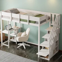 Lit mezzanine 90x200 cm - Lit avec rangement et étagère intégrée - Pin massif - Sans matelas - Blanc