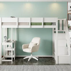 Lit mezzanine 90x200 cm - Lit avec rangement et étagère intégrée - Pin massif - Sans matelas - Blanc