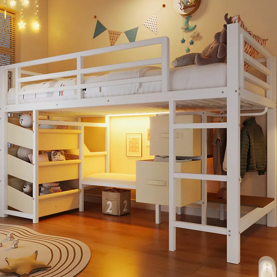 Lit Mezzanine 90x200 cm - Lit Ado avec LED Intégrée, Tiroirs en Tissu et Crochets pour Vêtements, en Métal - Sans Matelas Blanc