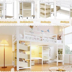 Lit Mezzanine 90x200 cm - Lit Ado avec LED Intégrée, Tiroirs en Tissu et Crochets pour Vêtements, en Métal - Sans Matelas Blanc