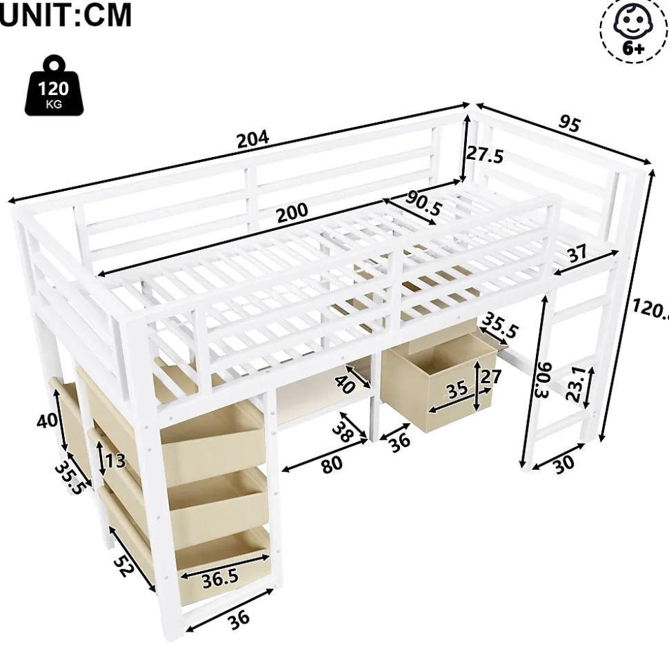 Lit Mezzanine 90x200 cm - Lit Ado avec LED Intégrée, Tiroirs en Tissu et Crochets pour Vêtements, en Métal - Sans Matelas Blanc