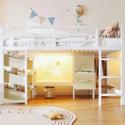 Lit Mezzanine 90x200 cm - Lit Ado avec LED Intégrée, Tiroirs en Tissu et Crochets pour Vêtements, en Métal - Sans Matelas Blanc