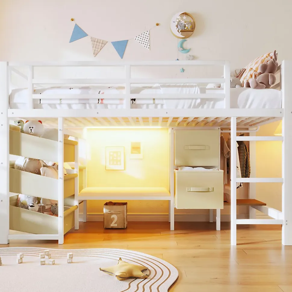 Lit Mezzanine 90x200 cm - Lit Ado avec LED Intégrée, Tiroirs en Tissu et Crochets pour Vêtements, en Métal - Sans Matelas Blanc