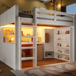 Lit Mezzanine 140x200 cm - Lit Ado avec LED et Bureau - Armoire et Tiroirs de Rangement Intégrés - sans Matelas - Blanc