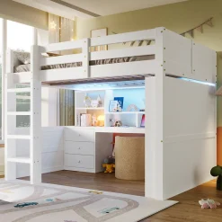 Lit Mezzanine 140x200 cm - Lit Ado avec LED et Bureau - Armoire et Tiroirs de Rangement Intégrés - sans Matelas - Blanc