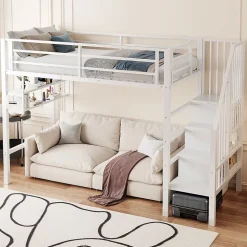 Lit mezzanine 90x200 cm - Lit avec rangement sous escalier et étagères intégrées - Métal et MDF - Sans matelas - Blanc