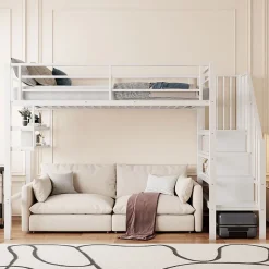 Lit mezzanine 90x200 cm - Lit avec rangement sous escalier et étagères intégrées - Métal et MDF - Sans matelas - Blanc