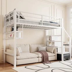 Lit mezzanine 90x200 cm - Lit avec rangement sous escalier et étagères intégrées - Métal et MDF - Sans matelas - Blanc