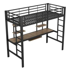 Lit Mezzanine 90x200 cm - Lit Ado avec Bureau Intégré et Espace de Rangement, Sans Matelas, en Métal et MDF, Noir