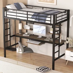 Lit Mezzanine 90x200 cm - Lit Ado avec Bureau Intégré et Espace de Rangement, Sans Matelas, en Métal et MDF, Noir