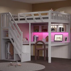 Lit Mezzanine 140x200 cm - Lit Ado avec Escalier et Rangement, Bureau Intégré avec LED et USB - Sans Matelas - Bois Blanc