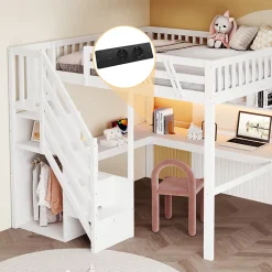 Lit Mezzanine 140x200 cm - Lit Ado avec Escalier et Rangement, Bureau Intégré avec LED et USB - Sans Matelas - Bois Blanc