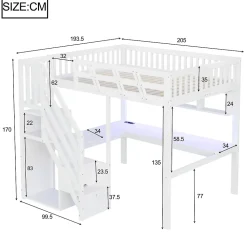 Lit Mezzanine 140x200 cm - Lit Ado avec Escalier et Rangement, Bureau Intégré avec LED et USB - Sans Matelas - Bois Blanc