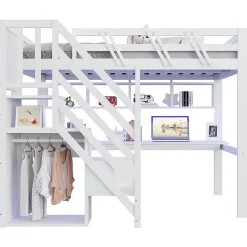 Lit Mezzanine 140x200 cm - Lit Ado avec Escalier et Rangement, Bureau Intégré avec LED et USB - Sans Matelas - Bois Blanc