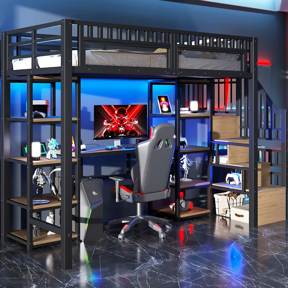 Lit Mezzanine 90x200 cm - Lit Ado Simple avec Bureau, Escalier Rangement et LED - Métal et MDF - sans Matelas - Noir