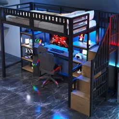 Lit Mezzanine 90x200 cm - Lit Ado Simple avec Bureau, Escalier Rangement et LED - Métal et MDF - sans Matelas - Noir