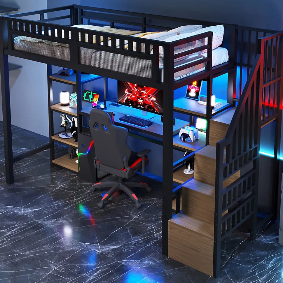 Lit Mezzanine 90x200 cm - Lit Ado Simple avec Bureau, Escalier Rangement et LED - Métal et MDF - sans Matelas - Noir