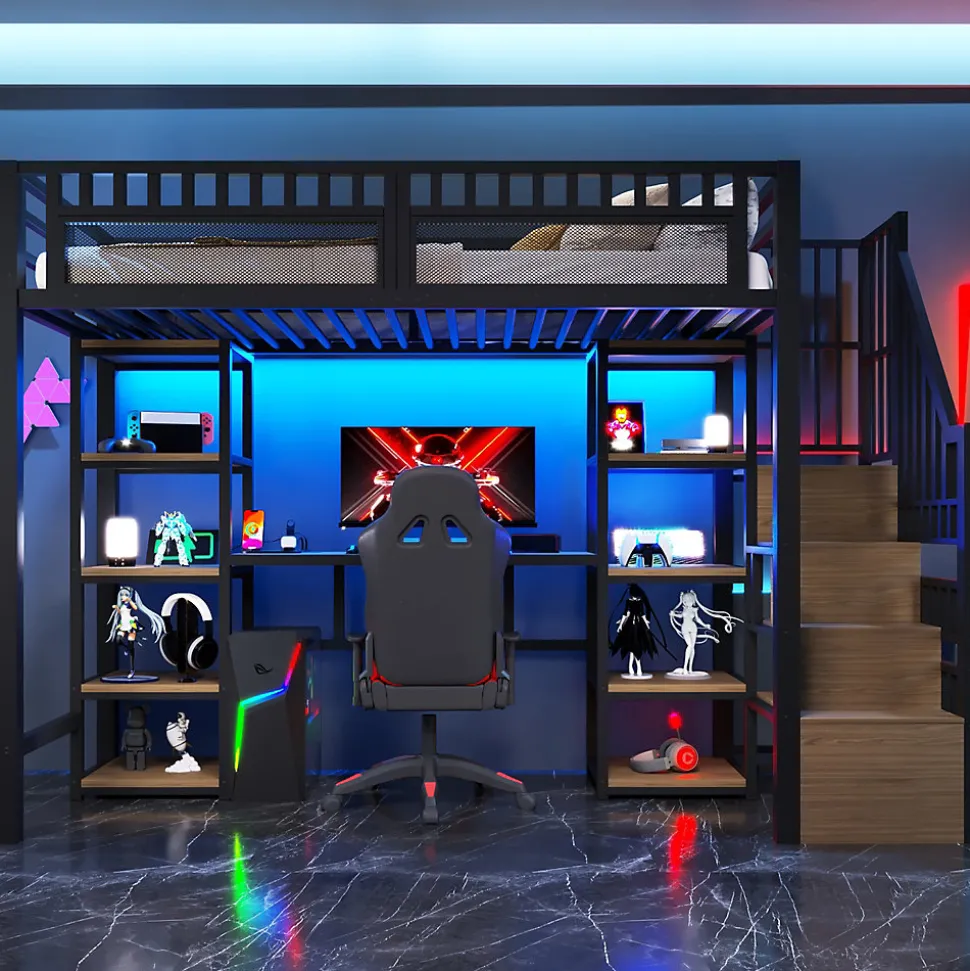 Lit Mezzanine 90x200 cm - Lit Ado Simple avec Bureau, Escalier Rangement et LED - Métal et MDF - sans Matelas - Noir