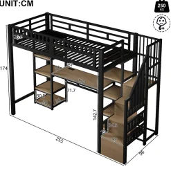 Lit Mezzanine 90x200 cm - Lit Ado Simple avec Bureau, Escalier Rangement et LED - Métal et MDF - sans Matelas - Noir