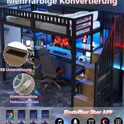 Lit Mezzanine 90x200 cm - Lit Ado Simple avec Bureau, Escalier Rangement et LED - Métal et MDF - sans Matelas - Noir