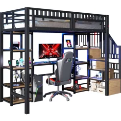 Lit Mezzanine 90x200 cm - Lit Ado Simple avec Bureau, Escalier Rangement et LED - Métal et MDF - sans Matelas - Noir