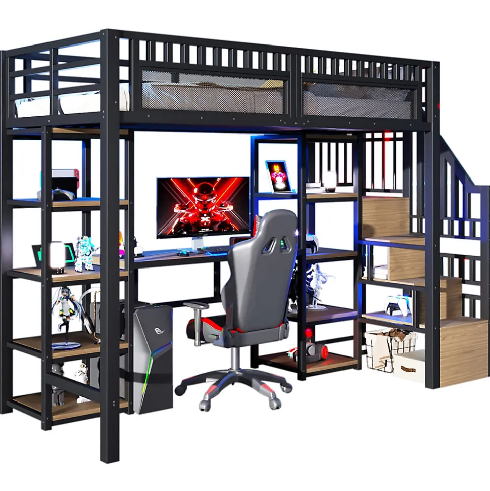 Lit Mezzanine 90x200 cm - Lit Ado Simple avec Bureau, Escalier Rangement et LED - Métal et MDF - sans Matelas - Noir