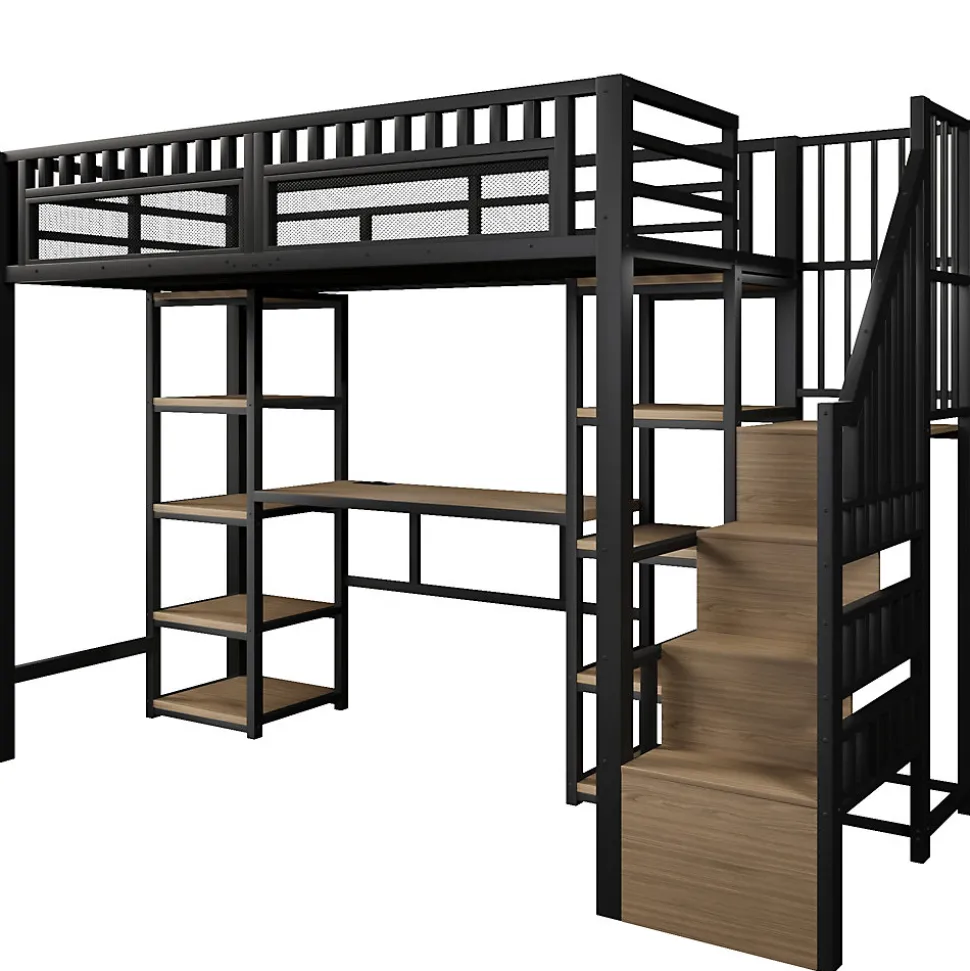 Lit Mezzanine 90x200 cm - Lit Ado Simple avec Bureau, Escalier Rangement et LED - Métal et MDF - sans Matelas - Noir