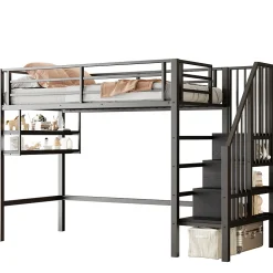 Lit mezzanine 90x200 cm - Lit avec rangement sous escalier et étagères intégrées - Métal et MDF - Sans matelas - Noir