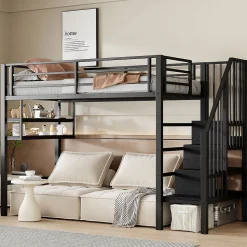 Lit mezzanine 90x200 cm - Lit avec rangement sous escalier et étagères intégrées - Métal et MDF - Sans matelas - Noir