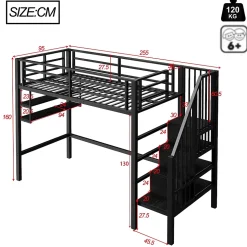 Lit mezzanine 90x200 cm - Lit avec rangement sous escalier et étagères intégrées - Métal et MDF - Sans matelas - Noir