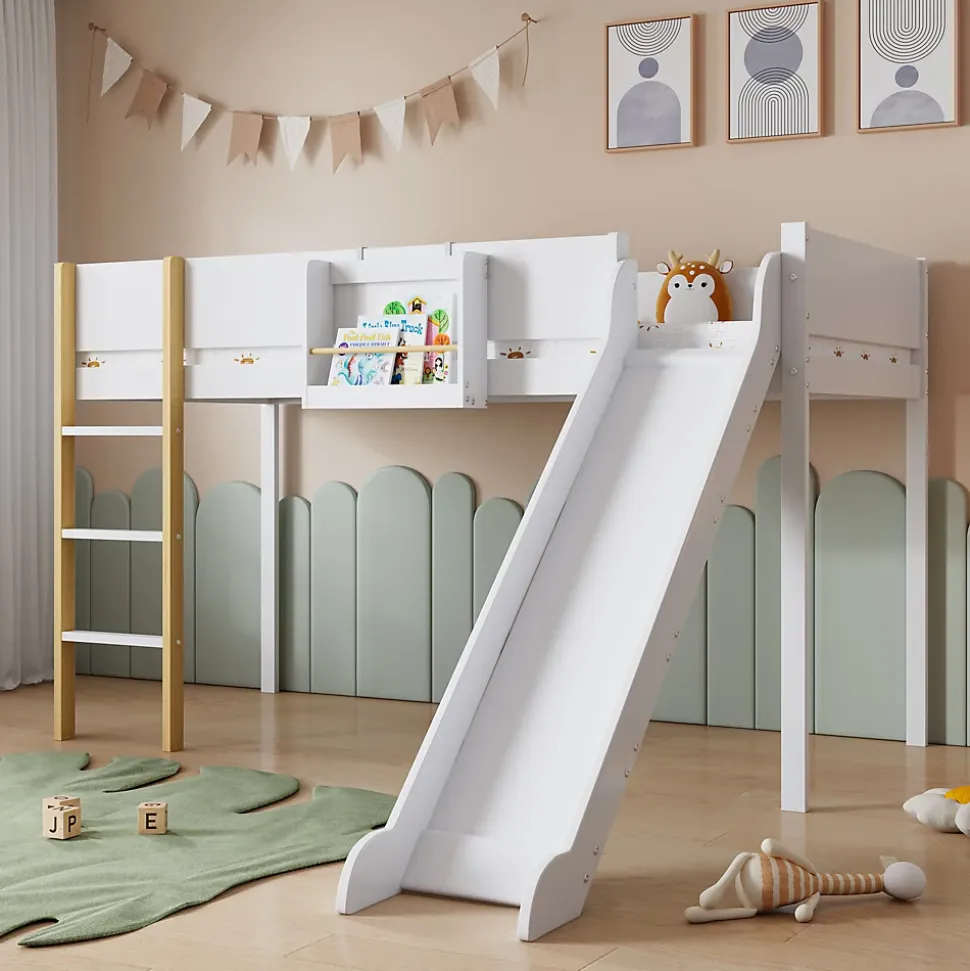 Lit mezzanine 90x200 cm - Lit avec échelle à 3 marches, toboggan et étagère amovible - Pin + MDF - Sans matelas - Blanc + Naturel