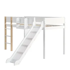 Lit mezzanine 90x200 cm - Lit avec échelle à 3 marches, toboggan et étagère amovible - Pin + MDF - Sans matelas - Blanc + Naturel