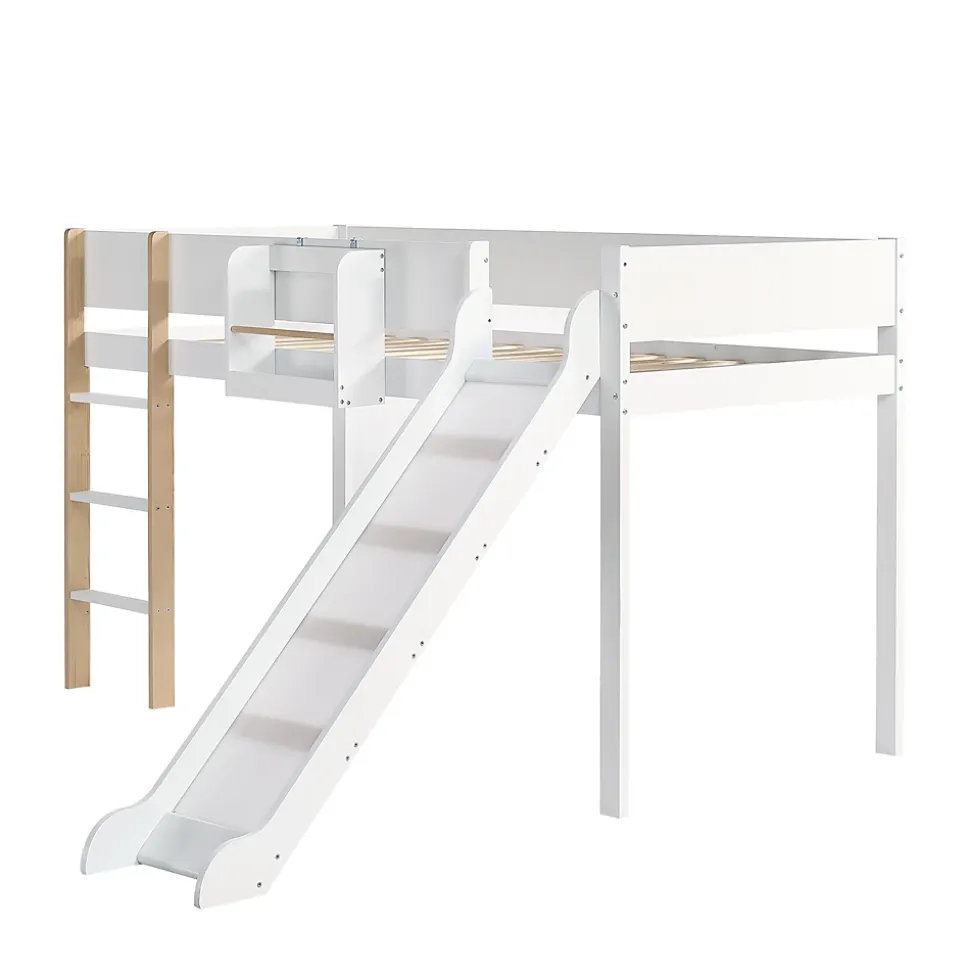 Lit mezzanine 90x200 cm - Lit avec échelle à 3 marches, toboggan et étagère amovible - Pin + MDF - Sans matelas - Blanc + Naturel