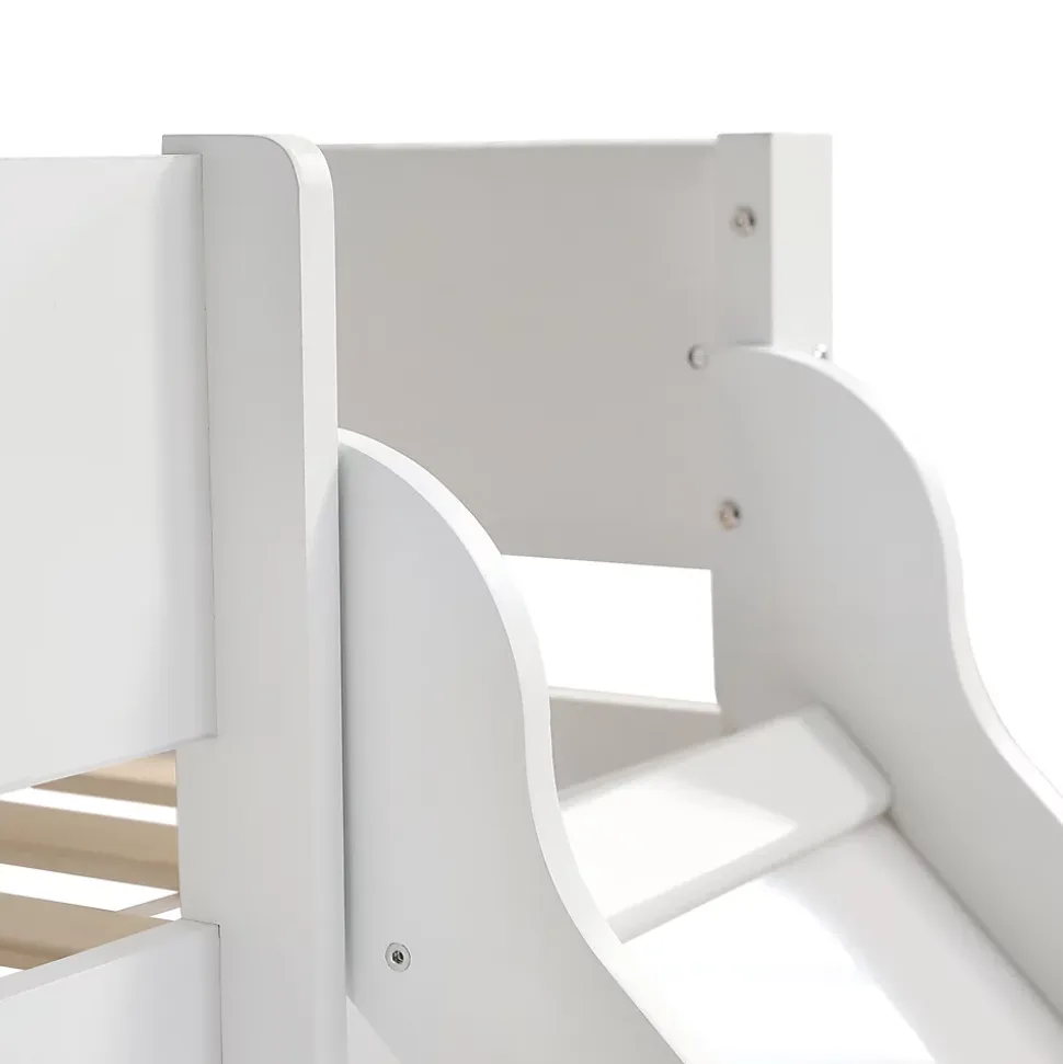 Lit mezzanine 90x200 cm - Lit avec échelle à 3 marches, toboggan et étagère amovible - Pin + MDF - Sans matelas - Blanc + Naturel