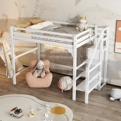 Lit mezzanine 140x200 cm - Lit avec sommier à lattes et penderie - Pin + MDF - Sans matelas - Blanc