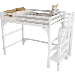 Lit mezzanine 140x200 cm - Lit avec sommier à lattes et penderie - Pin + MDF - Sans matelas - Blanc