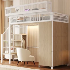 Lit Mezzanine 90x200 cm - Lit Ado avec Armoire et Éclairage LED, Garde-Corps en Filet - Sans Matelas - Métal et MDF - Blanc