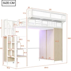 Lit Mezzanine 90x200 cm - Lit Ado avec Armoire et Éclairage LED, Garde-Corps en Filet - Sans Matelas - Métal et MDF - Blanc