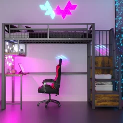 Lit Mezzanine 90x200 cm - Lit Ado avec Bureau et Armoire Intégrés, LED et Prise USB - Sans Matelas - Métal et MDF - Noir