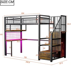 Lit Mezzanine 90x200 cm - Lit Ado avec Bureau et Armoire Intégrés, LED et Prise USB - Sans Matelas - Métal et MDF - Noir