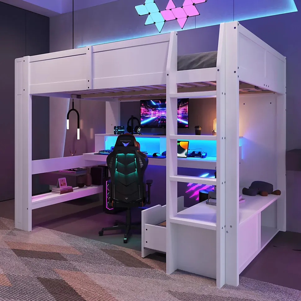 Lit mezzanine 140x200 cm - Lit avec bureau intégré et LED 16 s - Pin et MDF - Sans matelas - Blanc