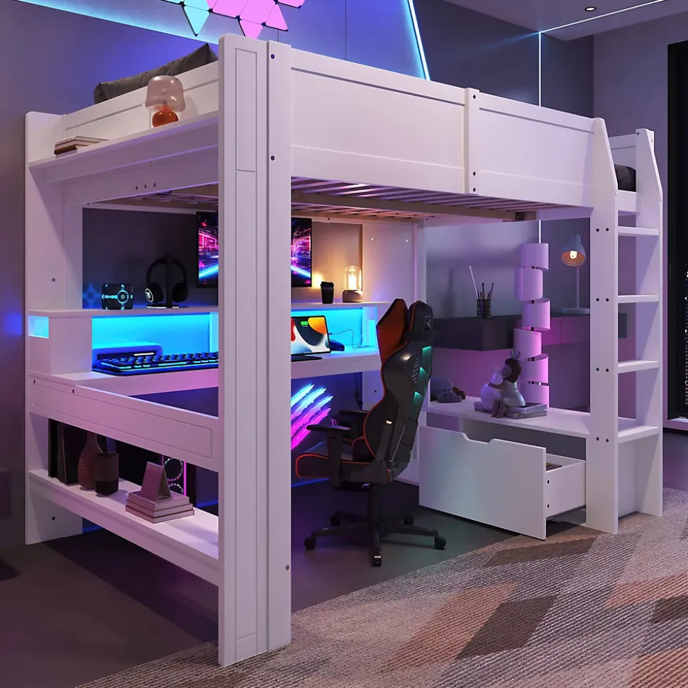 Lit mezzanine 140x200 cm - Lit avec bureau intégré et LED 16 s - Pin et MDF - Sans matelas - Blanc