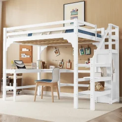 Lit Mezzanine 140x200 cm - Lit Combiné avec Bureau et Armoire ouverte, Lit Junior en Bois, Sans Matelas - Blanc