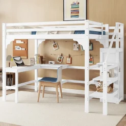 Lit Mezzanine 140x200 cm - Lit Combiné avec Bureau et Armoire ouverte, Lit Junior en Bois, Sans Matelas - Blanc