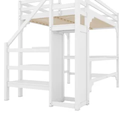 Lit Mezzanine 140x200 cm - Lit Combiné avec Bureau et Armoire ouverte, Lit Junior en Bois, Sans Matelas - Blanc