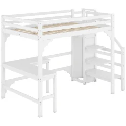 Lit Mezzanine 140x200 cm - Lit Combiné avec Bureau et Armoire ouverte, Lit Junior en Bois, Sans Matelas - Blanc