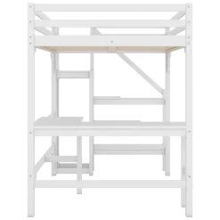 Lit Mezzanine 140x200 cm - Lit Combiné avec Bureau et Armoire ouverte, Lit Junior en Bois, Sans Matelas - Blanc