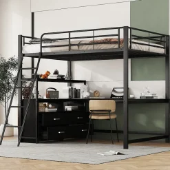 Lit Mezzanine 140x200 cm - Lit Double avec Bureau en L et Rangements Intégrés - Métal + MDF - Sans Matelas - Noir