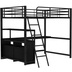 Lit Mezzanine 140x200 cm - Lit Double avec Bureau en L et Rangements Intégrés - Métal + MDF - Sans Matelas - Noir